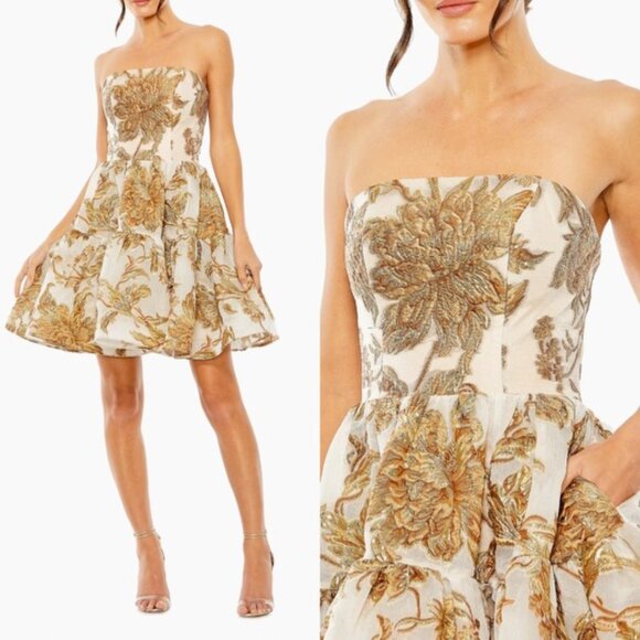 NWT | Mac Duggal Strapless Brocade Mini Dress with Pockets Cream Bronze Size 2 - Picture 1 of 5